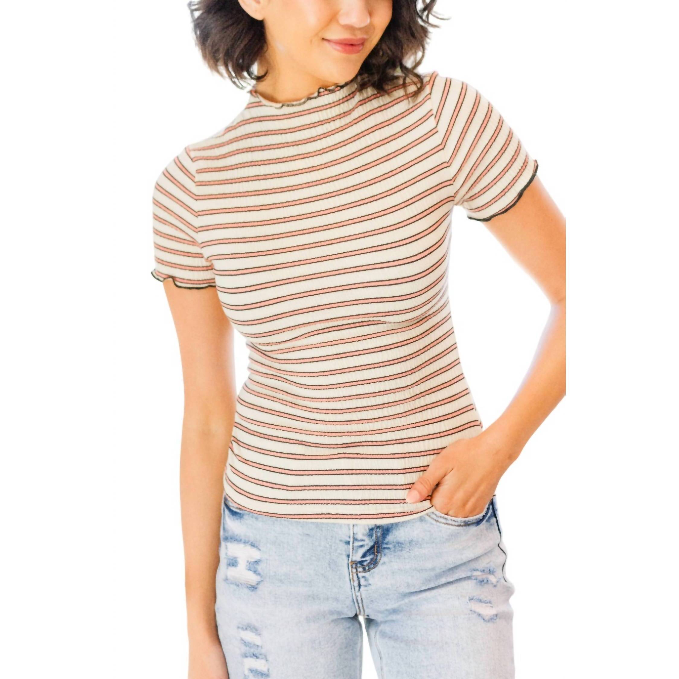 New Shopin In La Nostalgic Note Striped Mock Neck Top In Beige